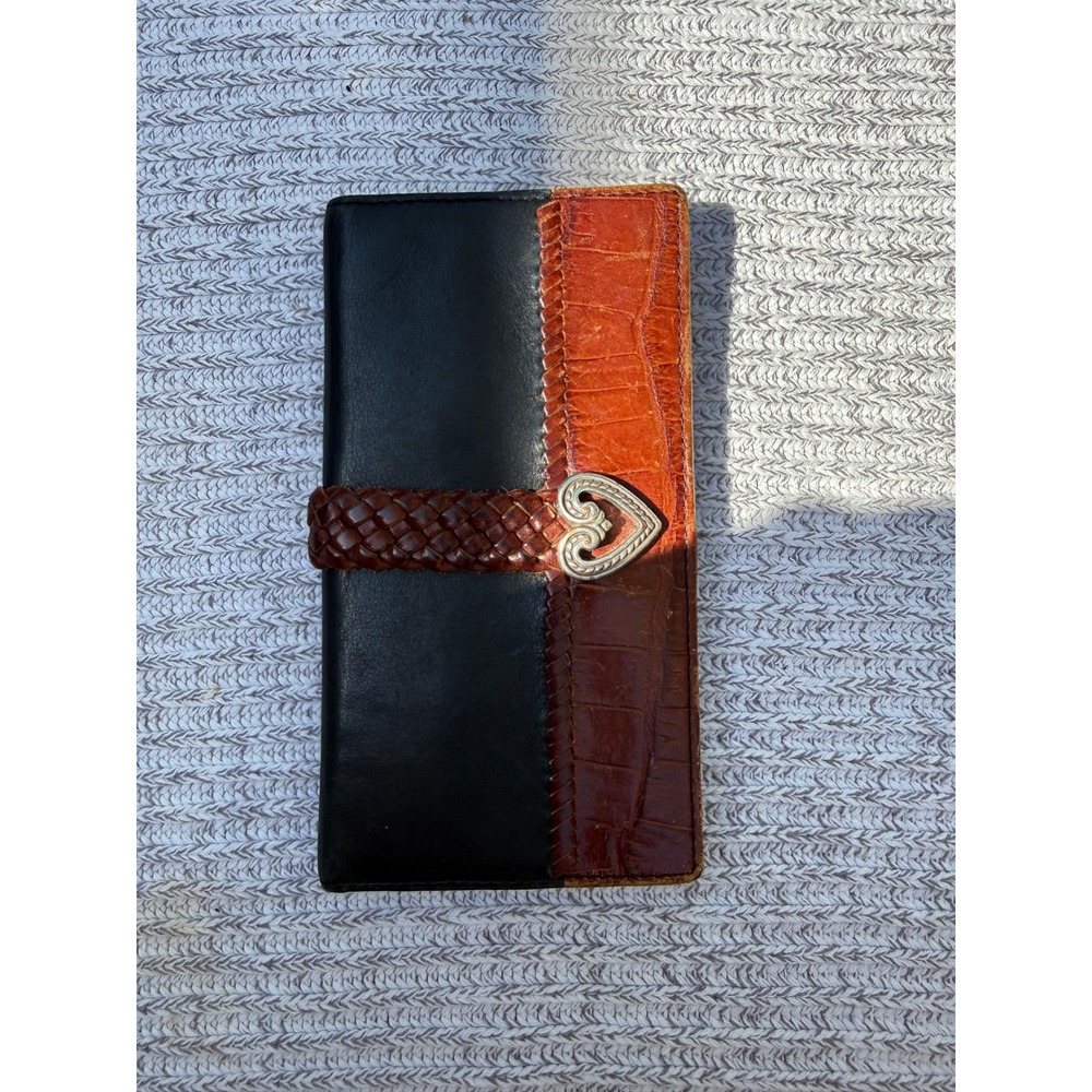 Vintage Brighton Wallet Womens Black Brown Leather Heart Buckle Slim Bifold